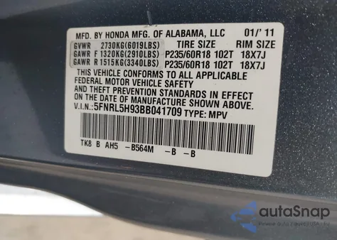 2011 Honda Odyssey Touring/Touring Elite из США, поврежденный, VIN 5FNRL5H93BB041709